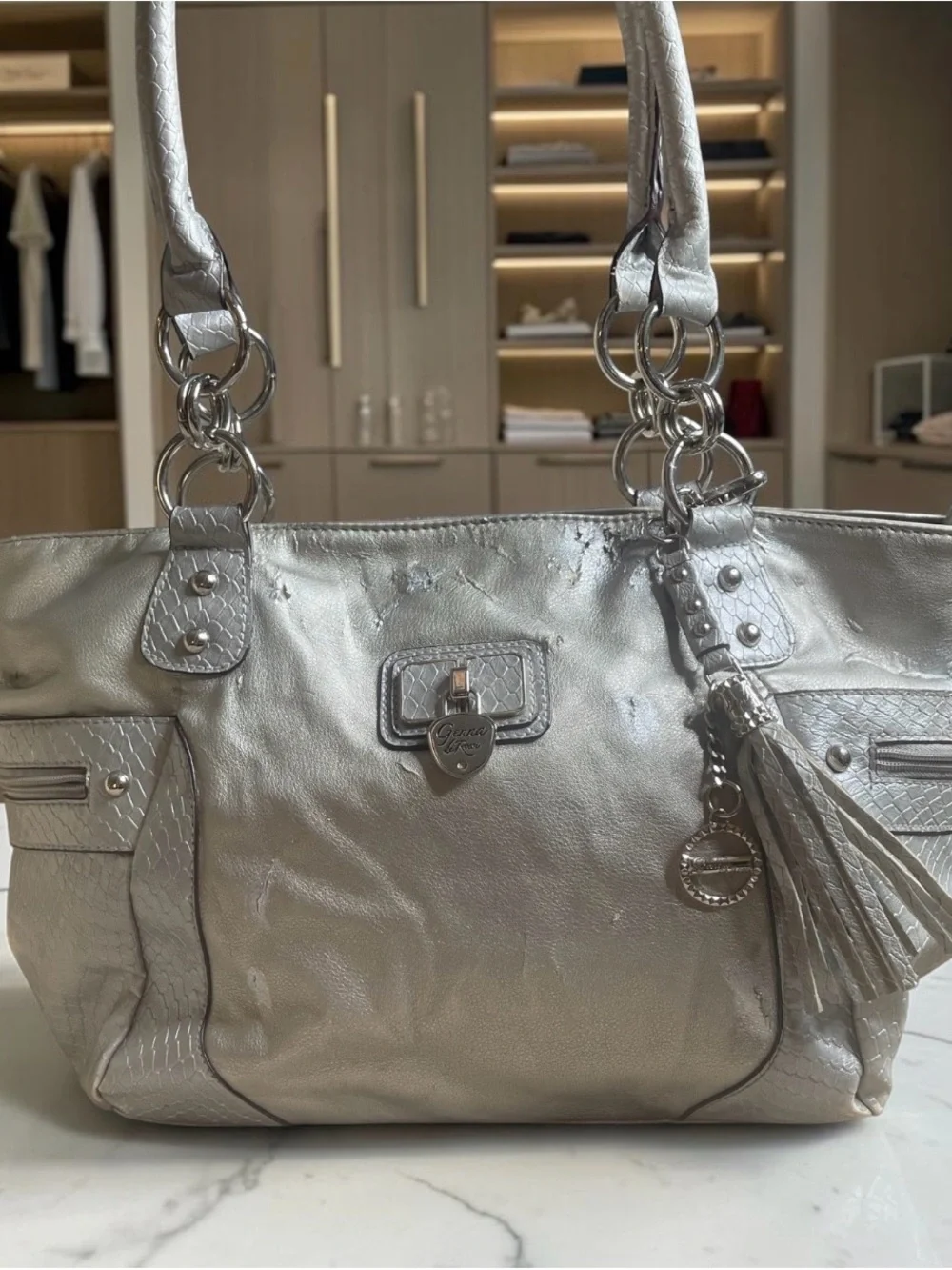 Genna De Rossi Metallic Silver Y2K Shoulder Bag Hobo Satchel Charm Tassel